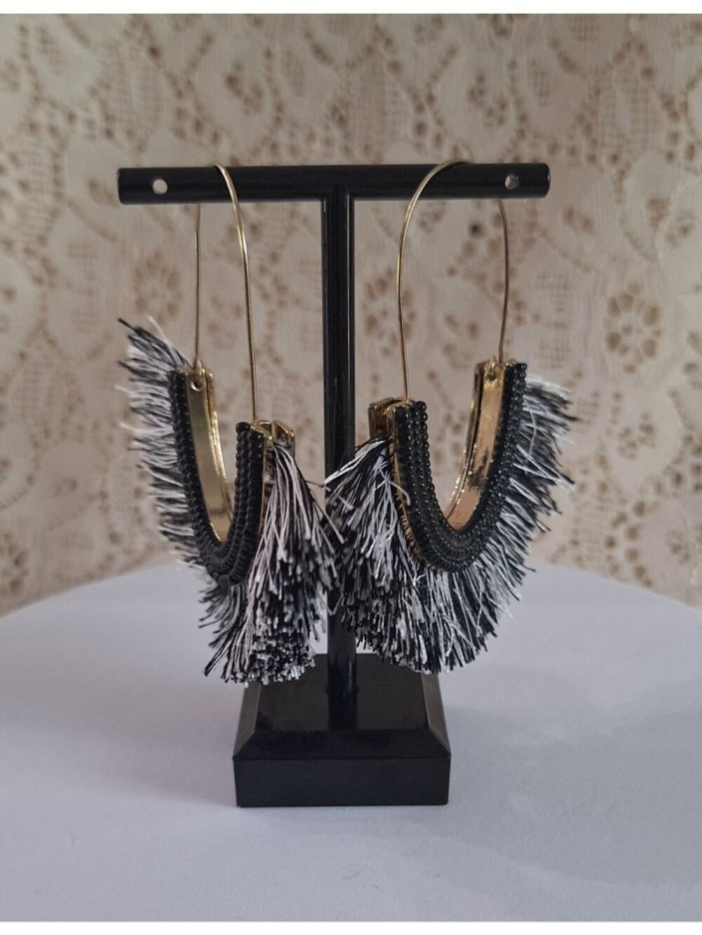 SUGARFIX by BaubleBar Black Gold Fringe Hoop Earrings – Beaded Tassel Statement - Picture 3 of 11